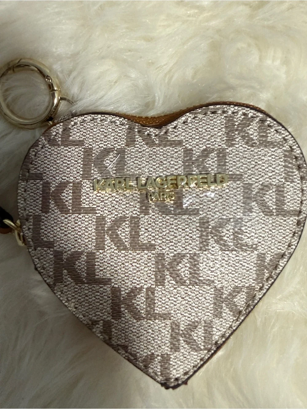 Karl Lagerfeld Beige & Brown Heart Monogram Key Coin Pouch
